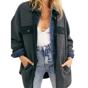 Free People Washed Black Oversized Distressed Collared Fleece Ruby Jacket
